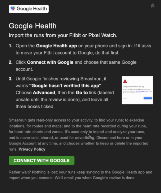 The Google Health section of Smashrun's Synced Devices settings, with the Connect with Google button