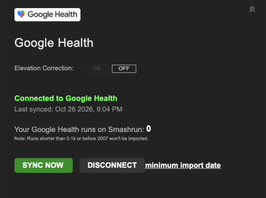 The Google Health section after connecting, reading Connected to Google Health, with Sync now and Disconnect buttons