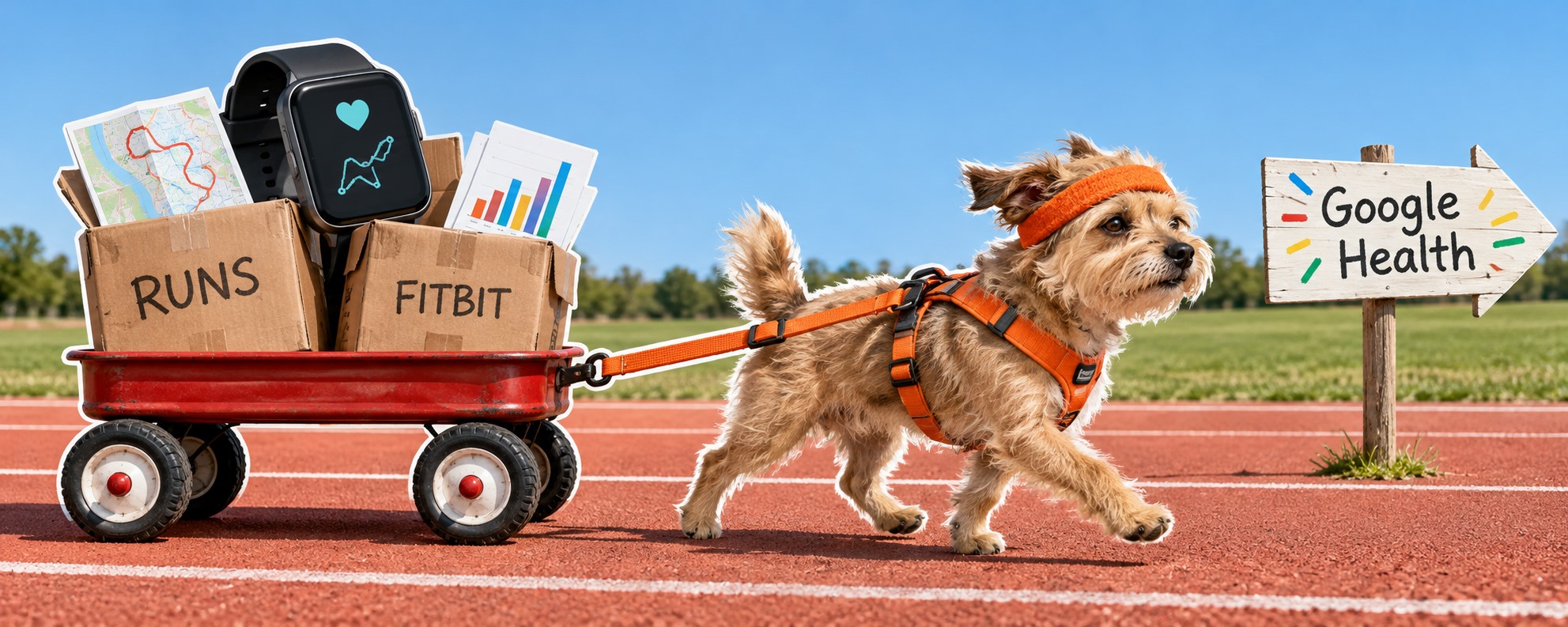 A dog in an orange sweatband pulls a wagon of Fitbit running data toward a Google Health sign.