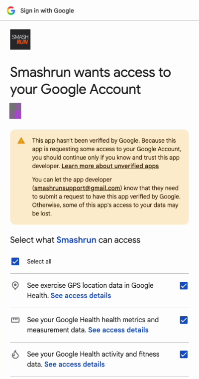 Google's consent screen, Smashrun wants access to your Google Account, with all three permission boxes ticked